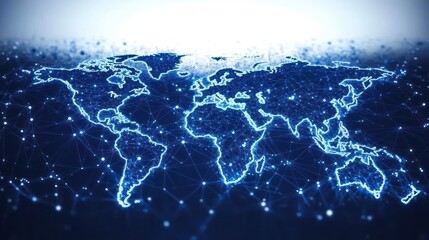 Digital glowing world map representing global network connections with interconnected points and lines on a dark background conveying technology and data flow