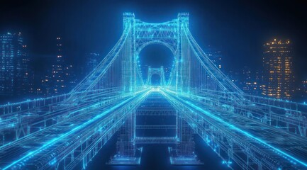 Futuristic glowing blue wireframe suspension bridge at night with city skyline in the background, digital and technological ambiance
