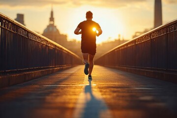 Man jogging alone on a bridge at sunrise with warm golden light and city silhouette in the background conveying determination and calm