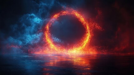 Fototapeta premium Glowing fiery ring floating above a reflective dark water surface with contrasting blue and red smoky clouds around it
