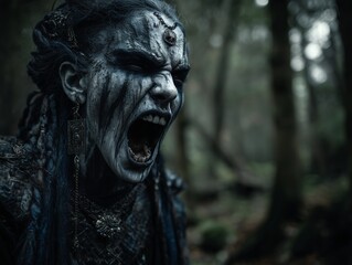A mud-covered figure dark character, witch banshee, roars fiercely in a dark, misty forest, exuding primal intensity. The eerie scene evokes mystery, fear, and supernatural intrigue.