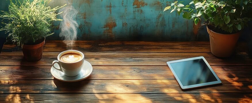 Steaming cup of coffee with latte art on a rustic wooden table beside a digital tablet and two potted plants with sunlight casting shadows - Powered by Adobe