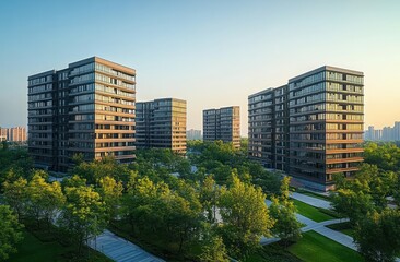 Obraz premium Modern residential buildings surrounded by lush green trees and well-maintained pathways during clear sunny day