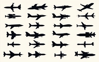 Fototapeta premium Collection of various black airplane silhouettes arranged in a grid pattern on a light background showing different aircraft shapes and sizes
