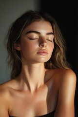 Naklejka premium Young woman with closed eyes and relaxed expression showing natural skin texture and soft lighting on shoulder and face