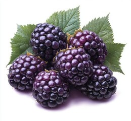 Fototapeta premium Close-up of ripe blackberries with green leaves on a white background showing fresh, glossy texture and natural details