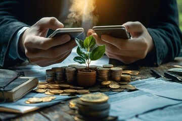Fototapeta premium Hands holding two smartphones above a table with a small potted plant surrounded by stacks and piles of gold coins, scattered papers, and a notebook, symbolizing financial growth and investment