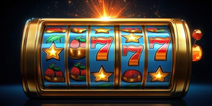 Close-up of a golden slot machine showing a winning combination of red sevens and golden stars with fruit icons on blue reels under bright glowing lights
