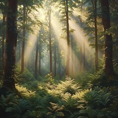 Fototapeta premium Sunlight streaming through tall trees illuminates a lush green forest filled with ferns creating a serene and peaceful atmosphere