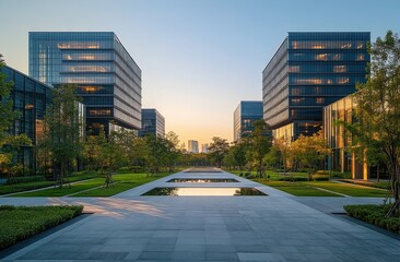 Obraz premium Modern office buildings with glass facades reflecting sunset light alongside symmetrical green lawns and water features in an urban park setting