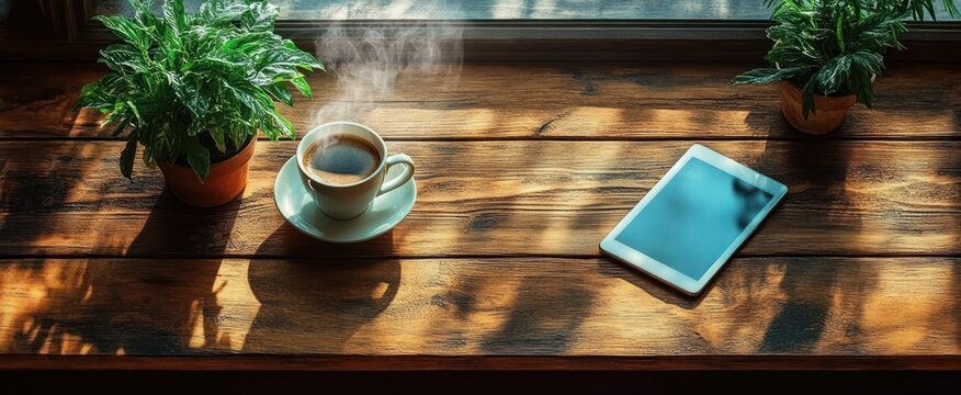 Steaming cup of coffee and a digital tablet on a wooden table with two green potted plants and sunlight casting shadows