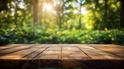 wooden table top in natural forest setting with sunlight filtering through trees and blurred greenery background
