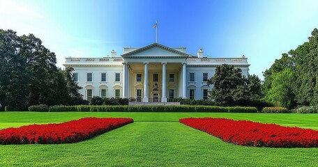 Obraz premium Large white neoclassical building with columns, flag on top, manicured green lawn, and red flower beds under clear blue sky