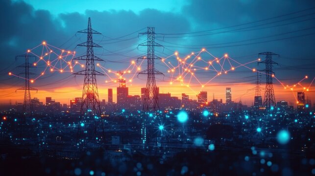 City skyline at dusk with illuminated electricity transmission towers and network data visualization overlay connecting power lines