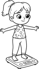 Cartoon girl standing on weighing scale, checking body weight, kids health illustration, black and white outline drawing, fitness, lifestyle activity