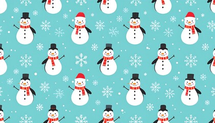 Cute snowman pattern on teal background with snowflakes