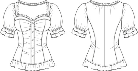 Women blouse flat sketch, short puff sleeve top with ruffle details and button front, stylish feminine fashion design template illustration