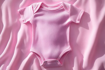 Smooth soft pink baby bodysuit laid flat on matching pink silky fabric creating a gentle and cozy vibe