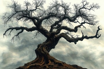 Ancient gnarled tree with twisted branches and no leaves against a cloudy, moody sky