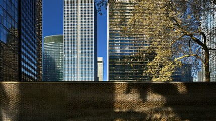 Urban Landscape with Skyscrapers and Tree Silhouette Against a Brick Wall Facade