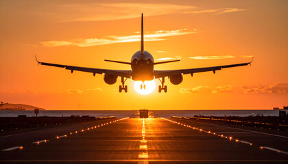Airplane Landing During Sunset Illuminated Orange Sky Above Runway Horizon View