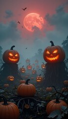 A misty pumpkin patch under a blood-red sky, giant carved pumpkins with glowing eyes towering over twisted vines, eerie cinematic lighting.