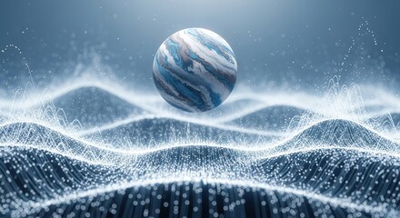 Abstract Blue Planet Hovering Over Serene Digital Waveform Landscape: Futuristic Technology Concept