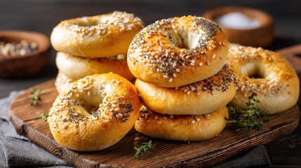 Stacked Everything Bagels on Wooden Board