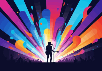 Fototapeta premium Vibrant vector illustration of a musician's silhouette performing on stage with a colorful abstract explosion of light.