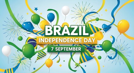 Brazil Independence Day Celebration Festive Banner with Balloons and Ribbons