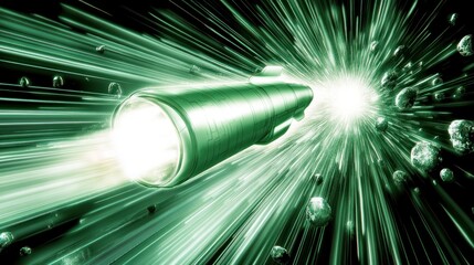 Futuristic green spaceship hurtling through hyperspace with asteroids around