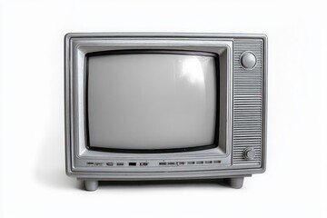 Vintage black and white television set with knobs and buttons on a plain white background