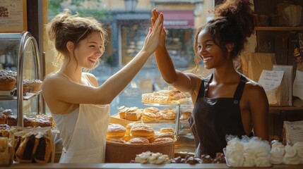 Two cheerful female bakers giving a high five in a bakery surrounded by various pastries and desserts with natural light coming through the window