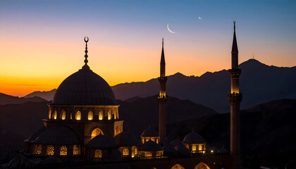 Obraz premium Mosque Silhouette at Sunset with Illuminated Buildings Mountains and Night Sky