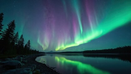 Vivid green, purple aurora borealis illuminates night sky reflected in calm lake. Pine forest lines shore under starry expanse. Majestic natural phenomenon offers tranquil, awe inspiring scene