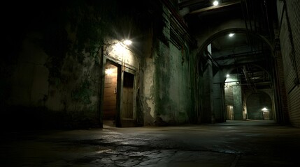 Fototapeta premium A dimly lit, decaying interior passageway, highlighted by subtle light sources, evokes a sense of mystery and foreboding.