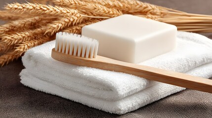 A square bar of white soap rests beside a natural bamboo toothbrush and folded white towels, accented by a cluster of wheat stalks.