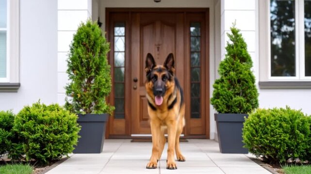 A German Shepherd exuberantly runs toward the camera, framed by topiary bushes and a wooden door