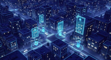 Futuristic cityscape with healthcare drones navigating neon-lit city blocks for patient support