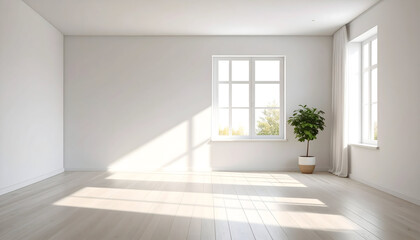 Fototapeta premium Bright Empty Room Interior With White Walls Wooden Floor And Sunlight Through Windows
