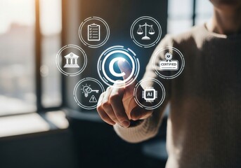 CRO Conversion Rate Optimization Technology Concept. Woman using laptop with icons representing CRO, analytics, A/B testing, funnel optimization, performance metrics for digital marketing improvement,