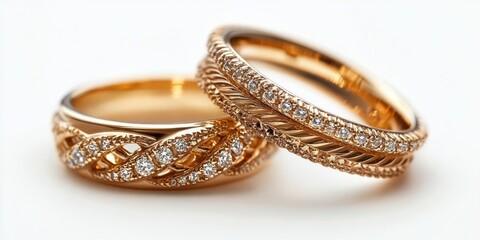 Two elegant gold rings adorned with sparkling diamonds set against a clean white background symbolizing luxury and commitment