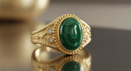 a gold ring with a malachite-green stone on a reflective surface