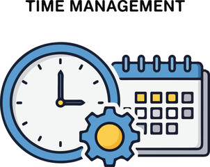 Obraz premium Time Management Vector Illustration: Clock, Calendar, and Gear