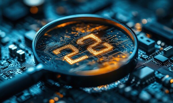 Magnifying glass focusing on illuminated number twenty two on a complex electronic circuit board with blue and orange lighting