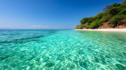 Obraz premium A tranquil tropical beach scene showcasing crystal-clear turquoise water lapping gently against a pristine white sand shore, with lush green foliage lining the shoreline, under a vibrant blue sky.