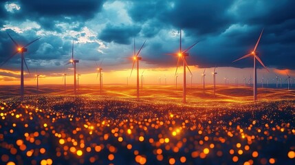 Expansive field of wind turbines at sunset under dramatic clouds with glowing lights resembling fireflies in the foreground creating a magical energy landscape