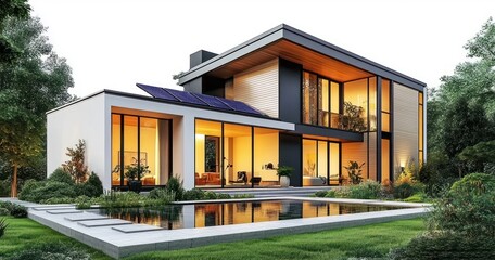 Fototapeta premium Modern two-story house with large glass windows and warm interior lighting at dusk, surrounded by lush greenery and featuring a reflective swimming pool in the foreground