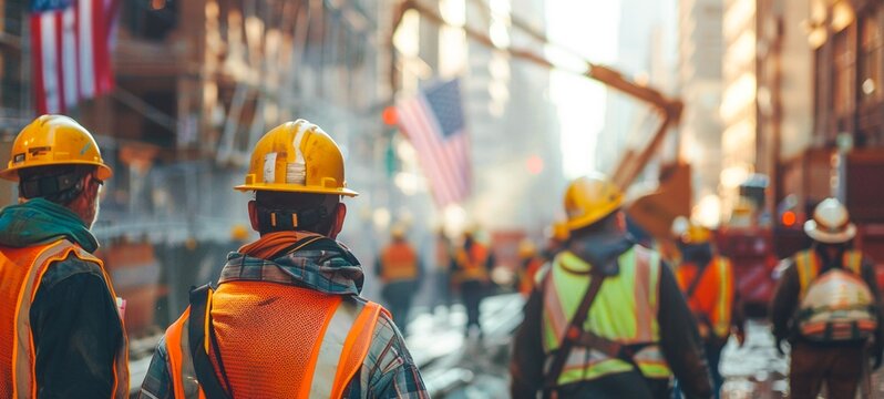 Group of construction workers wearing hardhat and safety vest working together at busy construction site with buildings and urban skyline in the background  Construction industry engineering