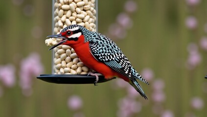Male red-bellied woodpecker feeding on a peanut feeder